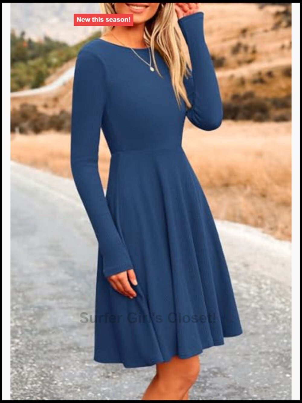 Ribbed Knit A-Line Mini Dress Long Sleeve Crewneck Flowy Casual - Picture 4 of 7